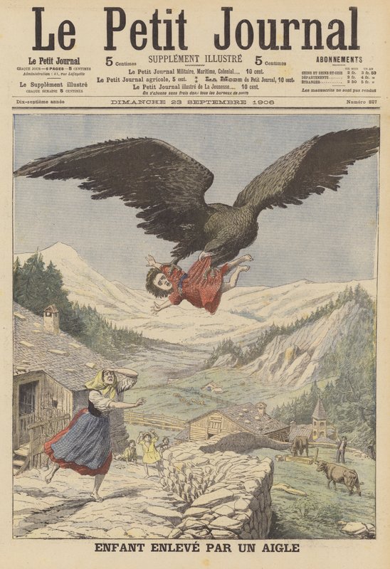 Ett barn buret av en örn i de italienska alperna (färg litho) av French School