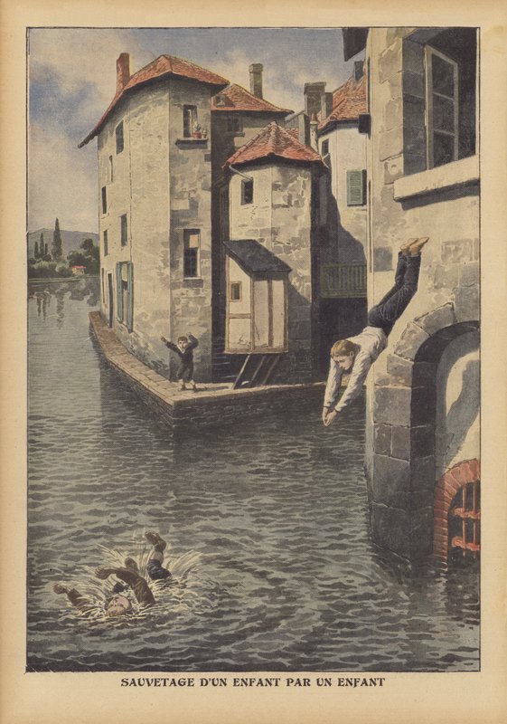 Ett barn som räddar en annan från att drunkna i Givors-kanalen, Frankrike (färg litho) av French School