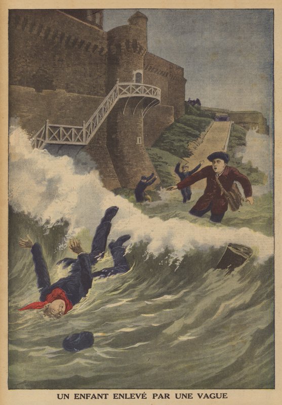 Ett barn svept iväg av en våg (färg litho) av French School