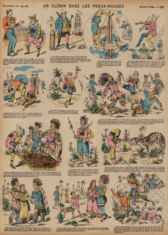 En clown bland indianerna (färgad gravyr) av French School