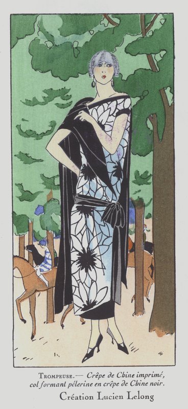En dag på kapplöpningsbanan - dammode på 1920-talet av designern Lucien Lelong (färglitografi) av French School