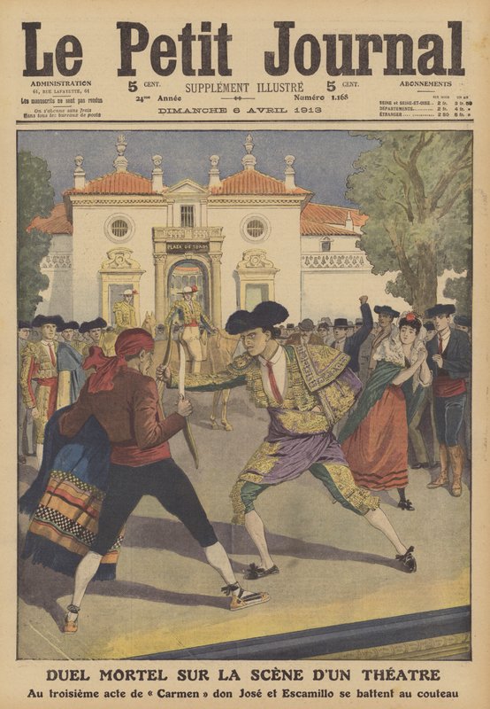 En dödlig duell på scenen på en teater i Spanien (färg litho) av French School