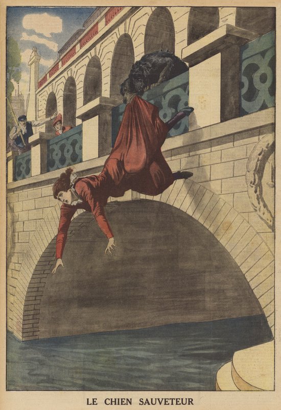 En hund som räddar en kvinna från att falla från en bro (färg litho) av French School