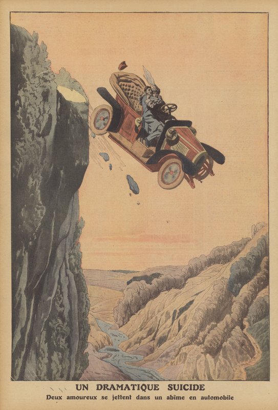 Ett dramatiskt självmord i Kalifornien (färg litho) av French School