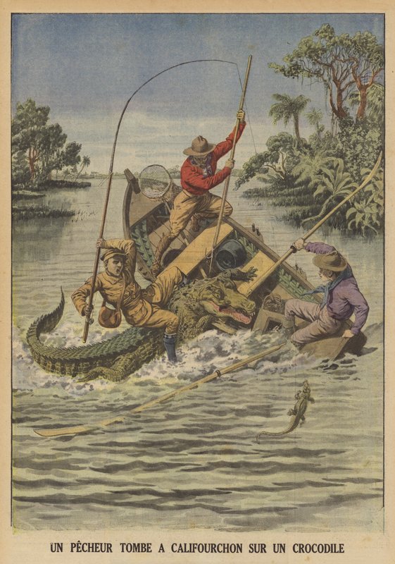 En fiskare faller på en krokodil efter att den kapsejsade hans båt (färg litho) av French School