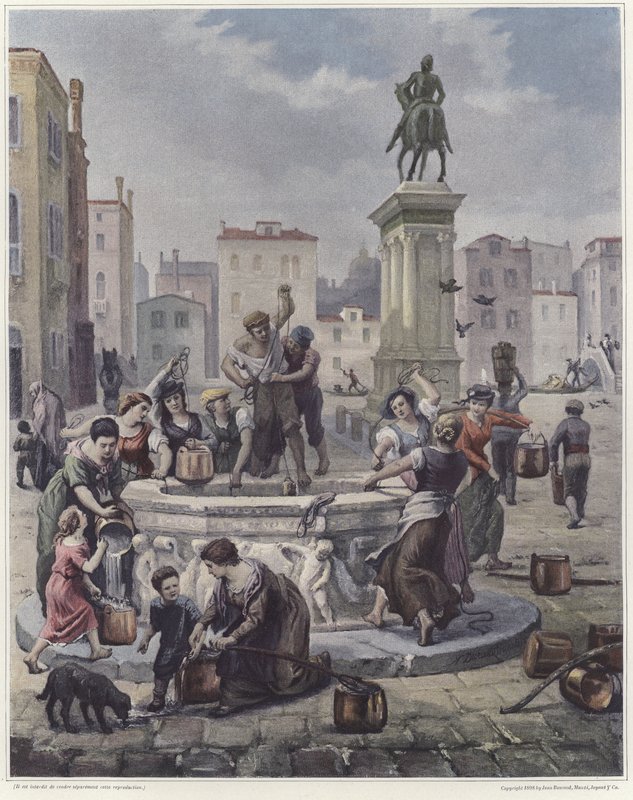 En grupp kvinnor samlar vatten från en brunn i Venedig av French School