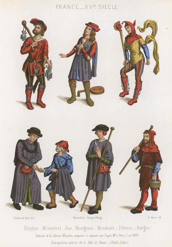 En fångvaktare, en sångare, en dåre, bourgeoisi, en tiggare, en pilgrim och en herde av French School