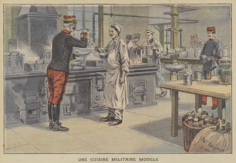 Ett militärköksmodell (färg litho) av French School
