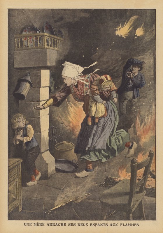 En mamma räddar sina barn från en brand (färg litho) av French School