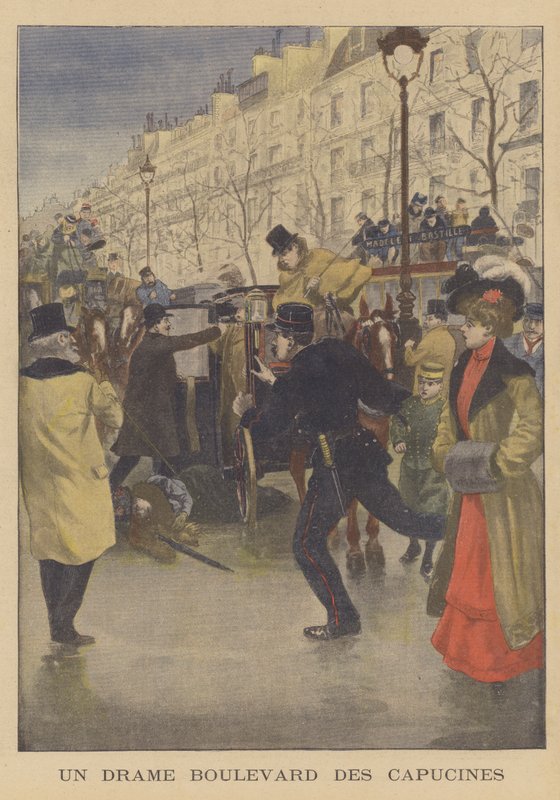 Ett mord på Boulevard des Capucines, Paris (färg litho) av French School