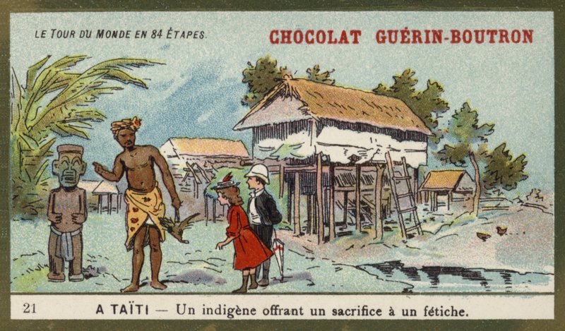 En infödd som offrar till en idol, Tahiti (chromolitho) av French School