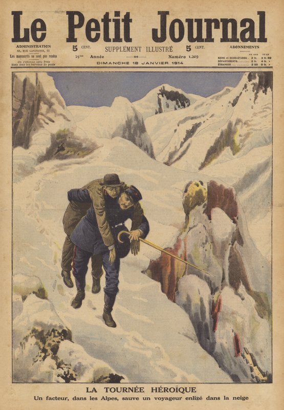 En brevbärare som räddar en resenär förlorad i snön i Alperna (färg litho) av French School