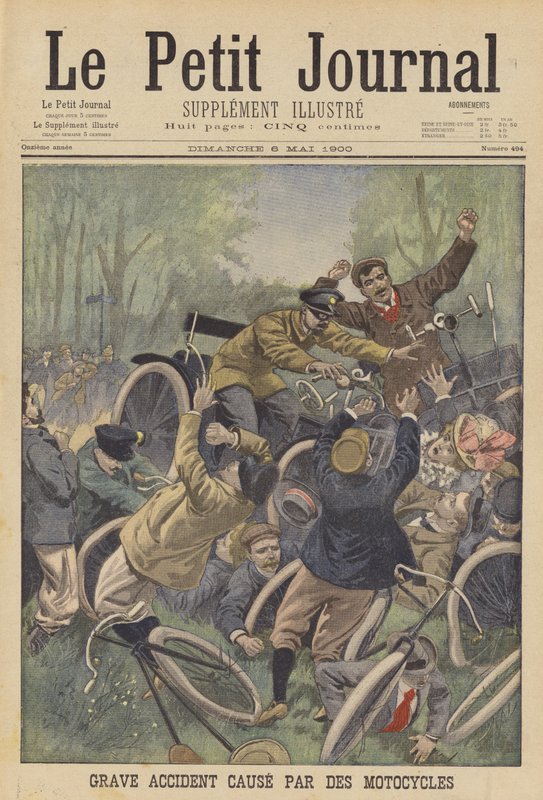 En allvarlig olycka orsakad av motorcyklar (färg litho) av French School