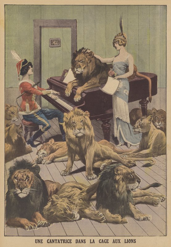 En sångare i ett lejonhåla i Tyskland (färg litho) av French School