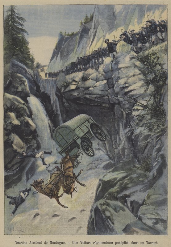 En fruktansvärd olycka i bergen (färg litho) av French School