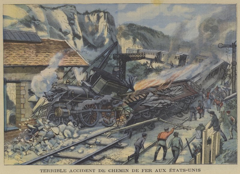En fruktansvärd tågolycka i USA (färg litho) av French School
