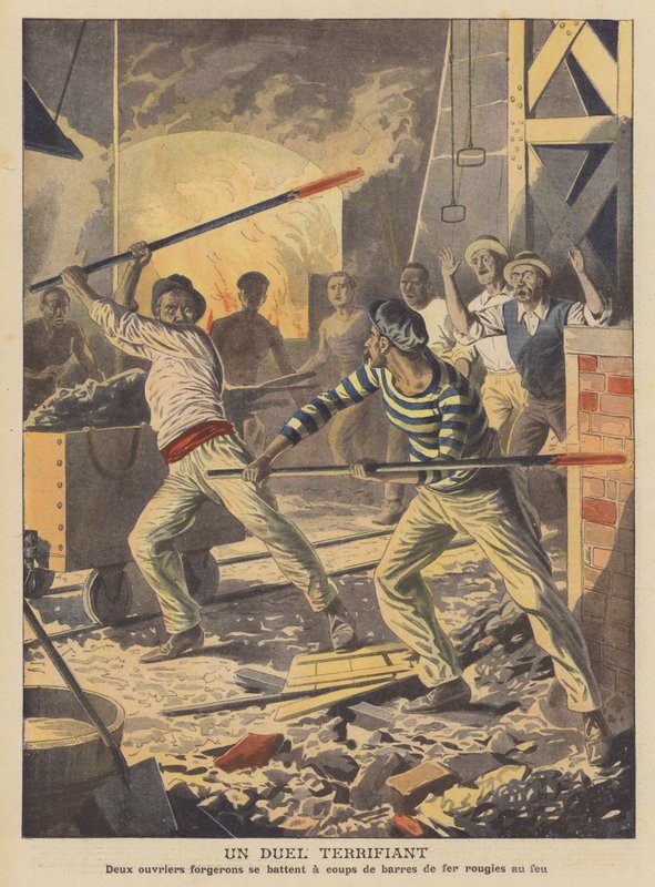 En skräckinjagande duell (färglitografi) av French School
