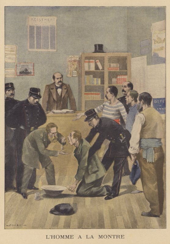 En tjuv som svalde en klocka han hade stulit (färg litho) av French School