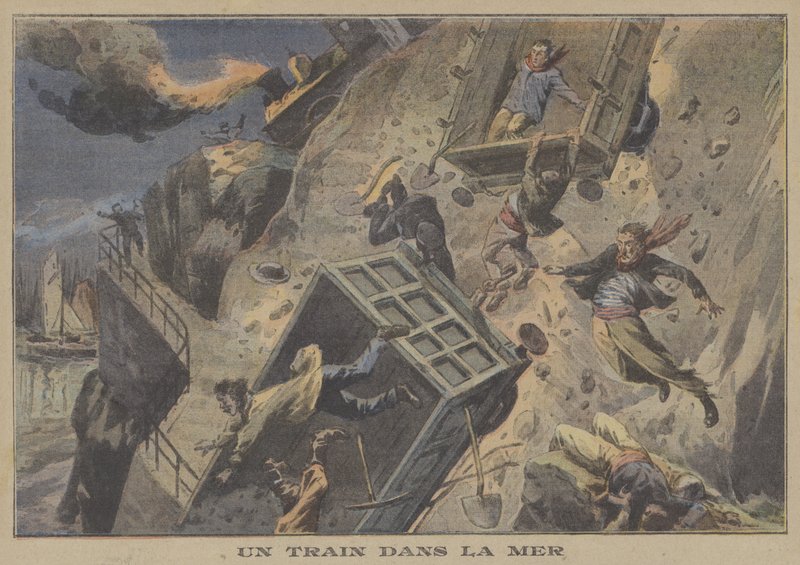 Ett tåg som faller i havet (färg litho) av French School