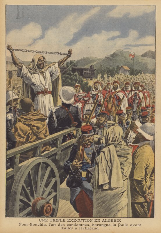 En trippel avrättning i Algeriet (färg litho) av French School