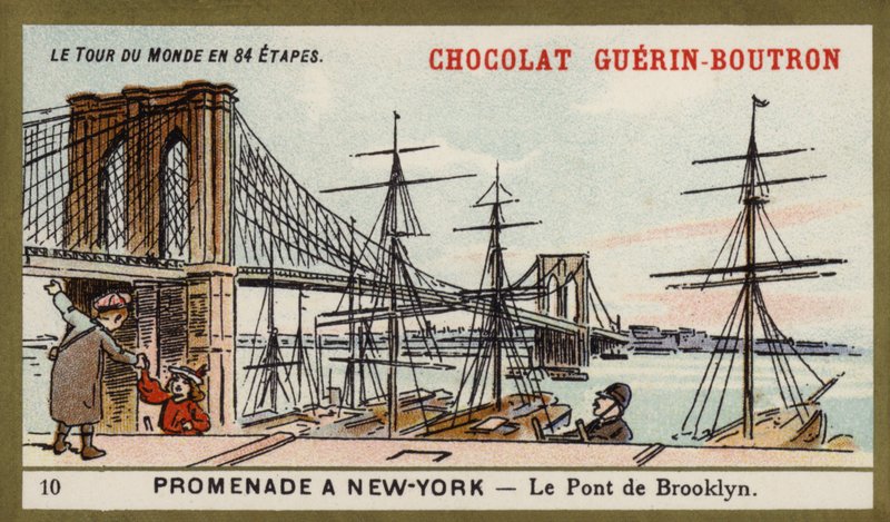 En promenad i New York - Brooklyn Bridge (chromolitho) av French School