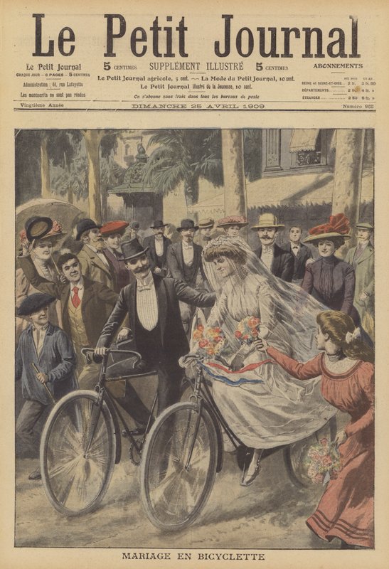 Ett bröllop på cyklar i Nice (färg litho) av French School