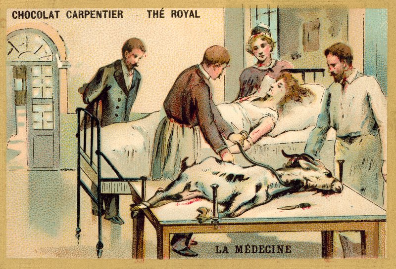En kvinna som får en blodtransfusion från en get (chromolitho) av French School