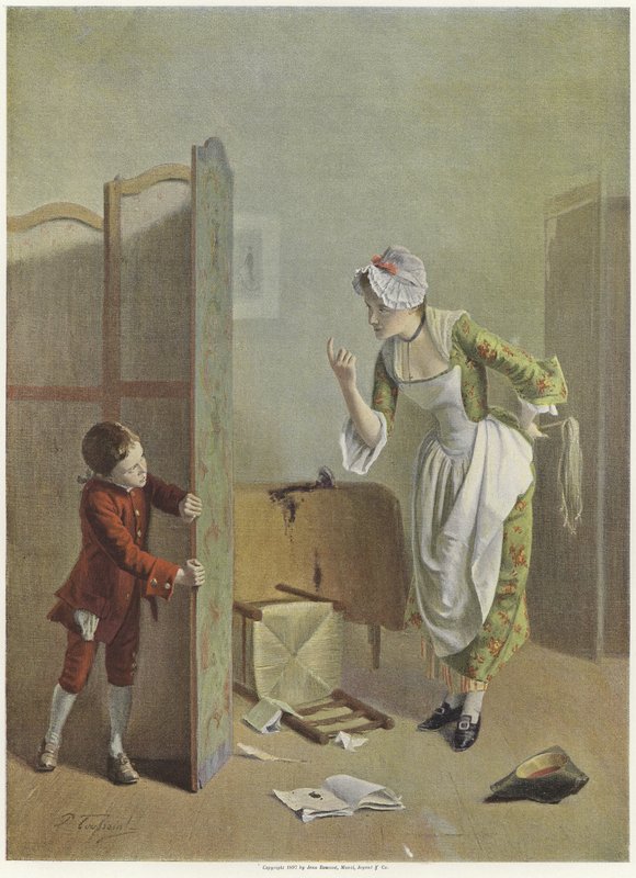 En ung pojke gömmer sig nervöst bakom en skärm när en ung kvinna försöker lura ut honom av French School