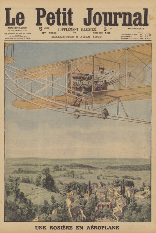 En ung kvinna tar ett flyg i ett flygplan i Montferrand, Frankrike (färg litho) av French School
