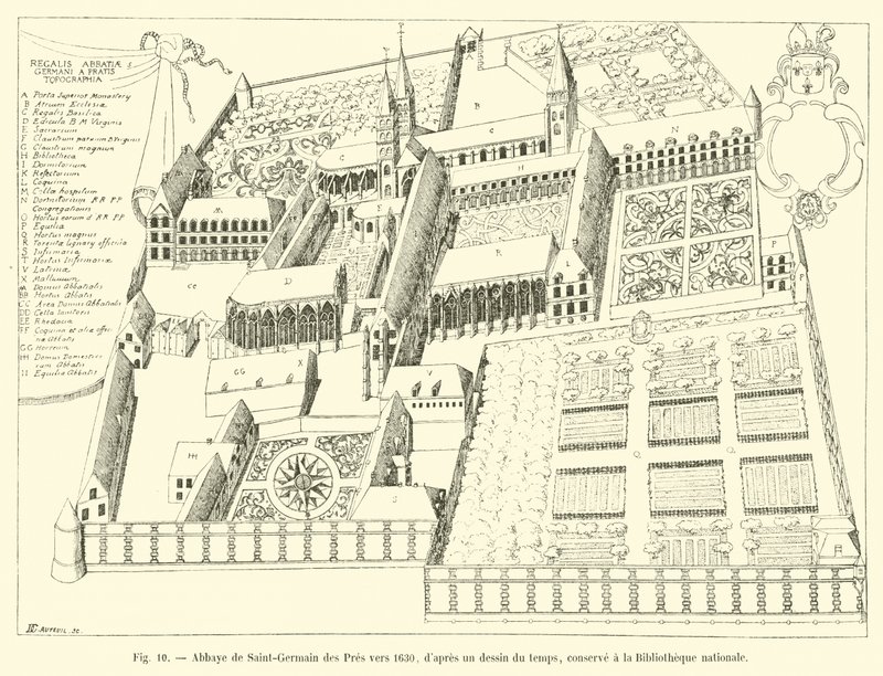 Abbey of Saint-Germain des Pres omkring 1630, från en teckning från tiden, förvarad på Nationalbiblioteket av French School