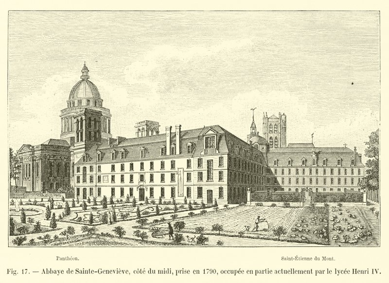 Abbey of Sainte-Genevieve, sydkust, tagen 1790, för närvarande delvis ockuperat av Lycée Henri IV av French School