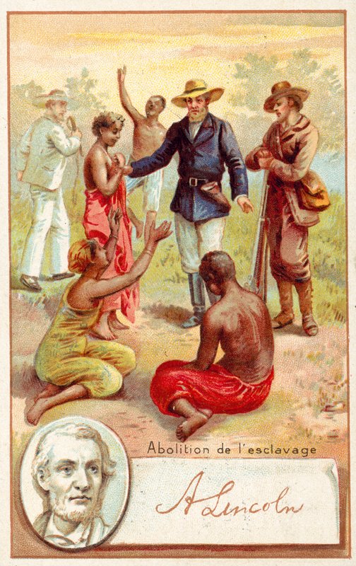 Abraham Lincoln och avskaffandet av slaveriet i USA (chromolitho) av French School