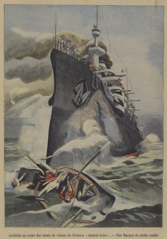 Oavsiktlig förlisning av en fiskebåt av den franska pansarkryssaren Admiral Aube under hastighetsprov (färg litho) av French School
