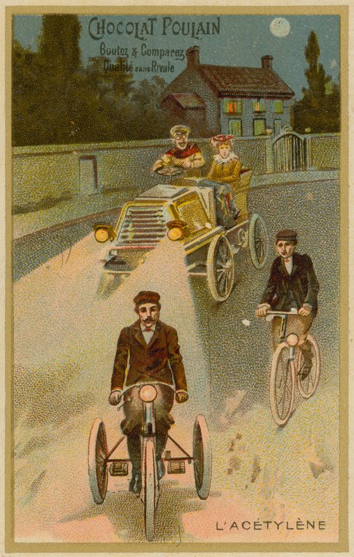 Acetylenstrålkastare på en bil och en motorcykel av French School