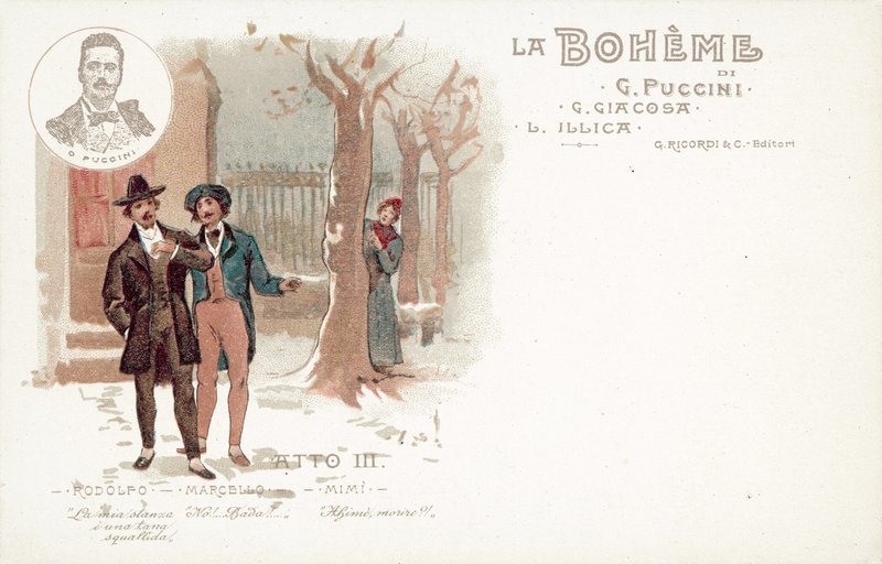 Tredje akten, La Boheme (färg litho) av French School
