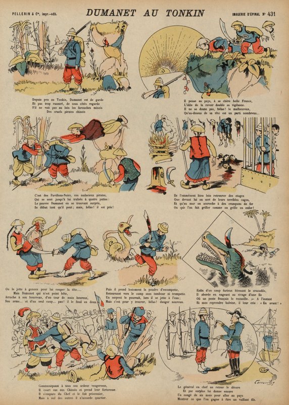 Äventyr av Dumanet, en fransk soldat, i Tonkin (färgad gravyr) av French School