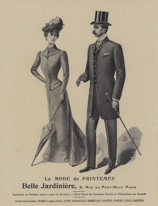 Annons för vårens mode från klädbutiken Belle Jardiniere, Paris (litho) av French School