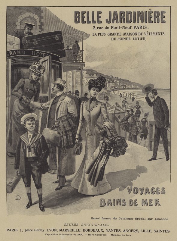 Annons för klädbutiken Belle Jardiniere, Paris (litho) av French School