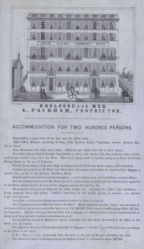 Annons för Louvre Railway Terminus Hotel, Boulogne-sur-Mer, Frankrike (litho) av French School