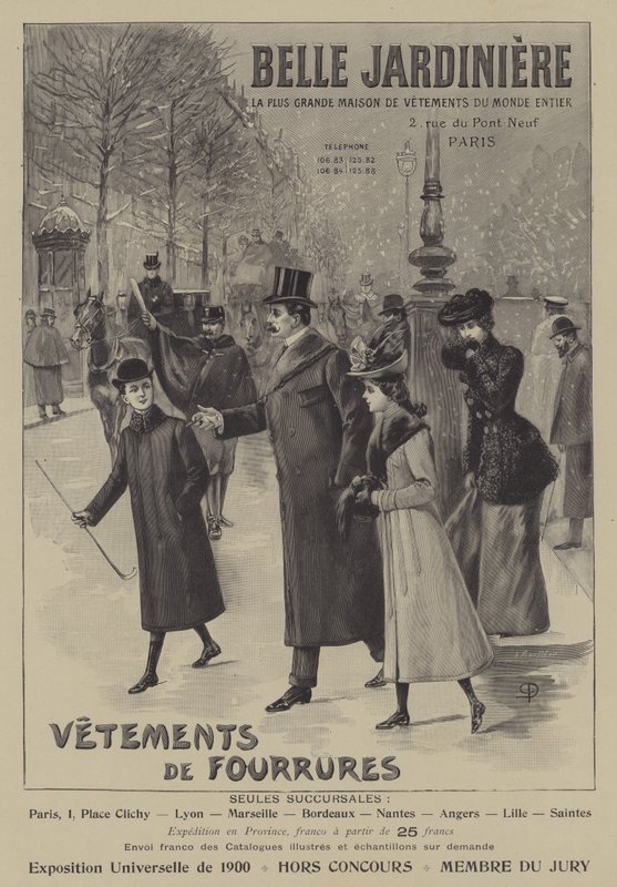 Reklam för pälsplagg från Belle Jardiniere, Paris (litho) av French School