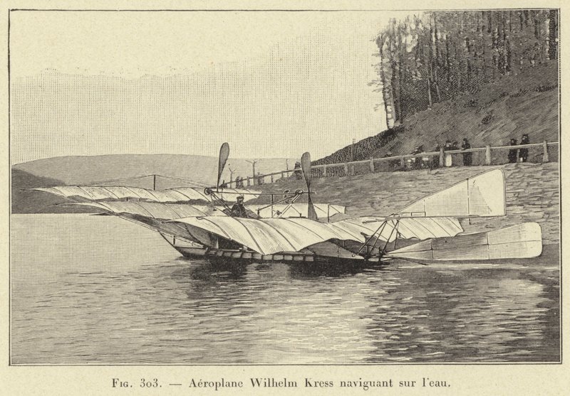 Flygplan Wilhelm Kress seglar på vatten (gravyr) av French School