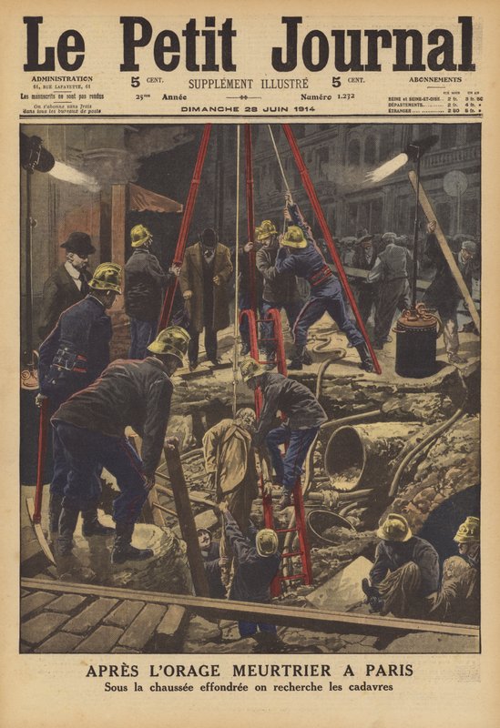 Efterdyningarna av ett dödligt åskväder i Paris (färg litho) av French School