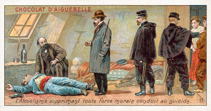 Alkoholism undertrycker all moralisk styrka och leder till självmord (chromolitho) av French School