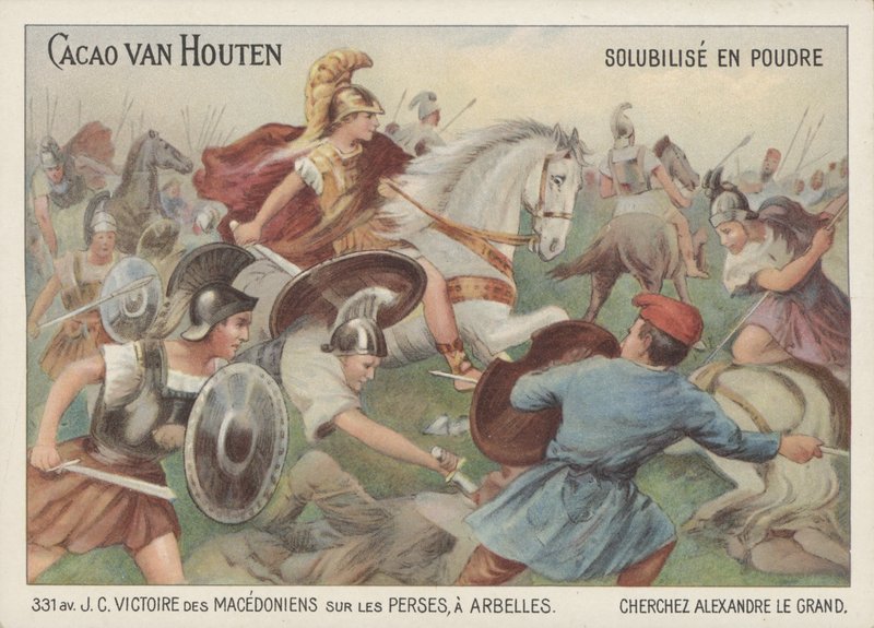 Alexander den stores seger över perserna i slaget vid Arbela, 331 f.Kr. (chromolitho) av French School