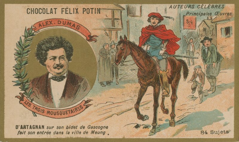 Alexandre Dumas och en scen ur De tre musketörerna av French School