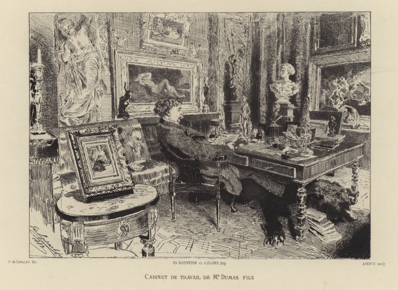 Alexandre Dumas den yngre i sitt arbetsrum av French School
