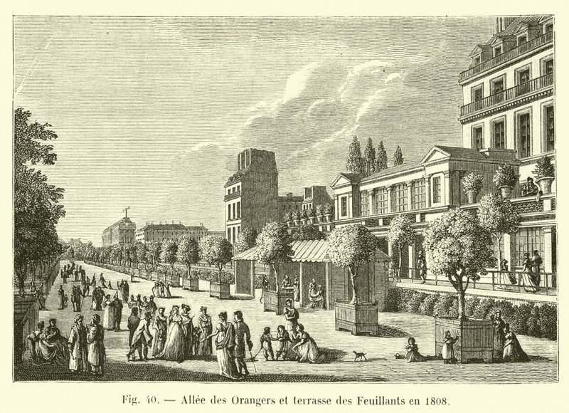 Allee des Orangers och Feuillanternas terrass 1808 av French School