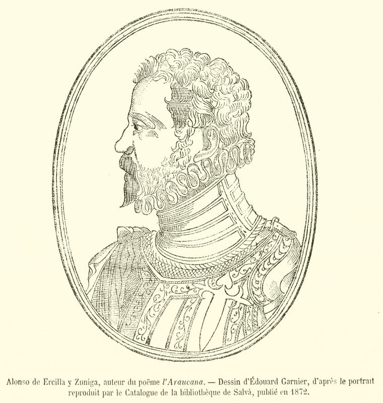 Alonso de Ercilla y Zuniga, författare till dikten Araucana (gravyr) av French School