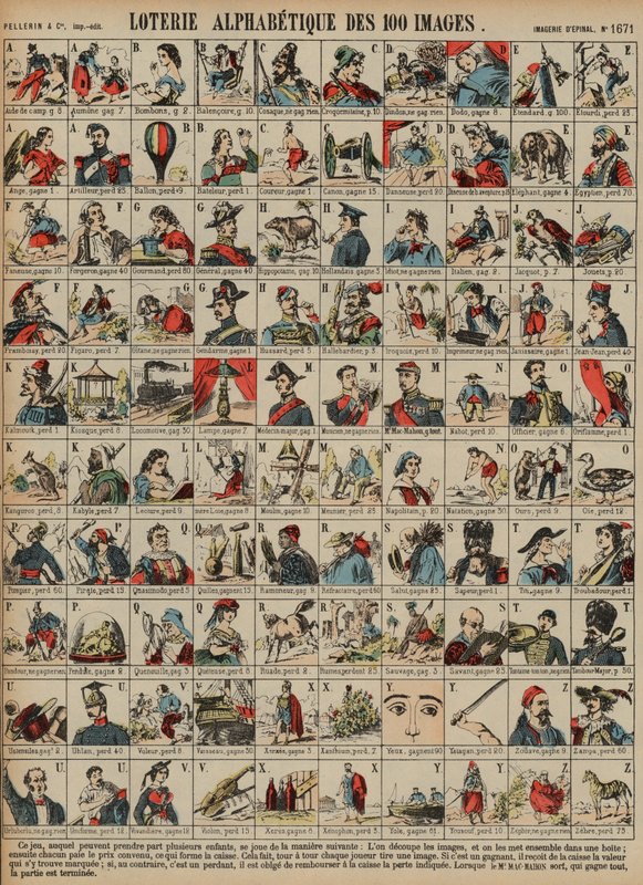 Alfabetisk lotteri med hundra bilder (färgad gravyr) av French School