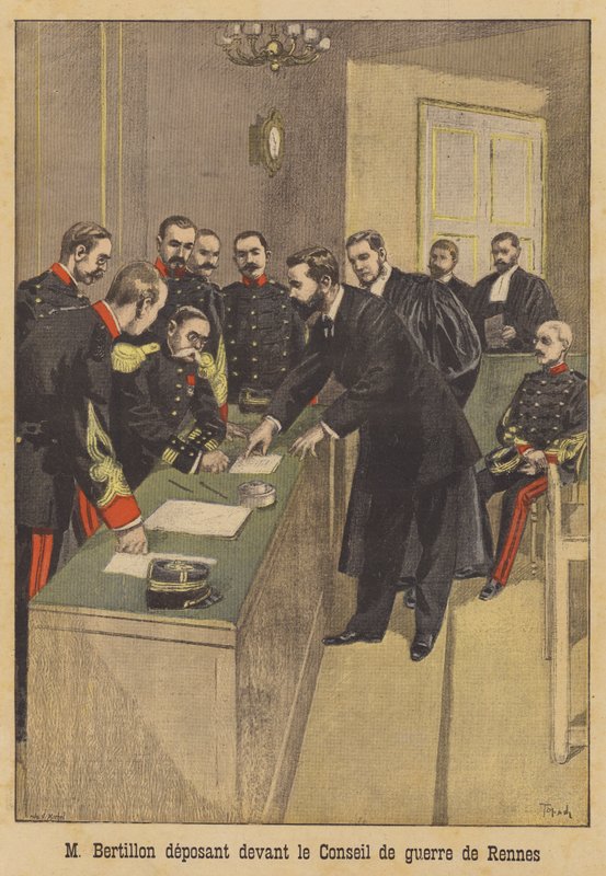 Alphonse Bertillon vittnar inför den andra krigsrätten mot Alfred Dreyfus i Rennes av French School